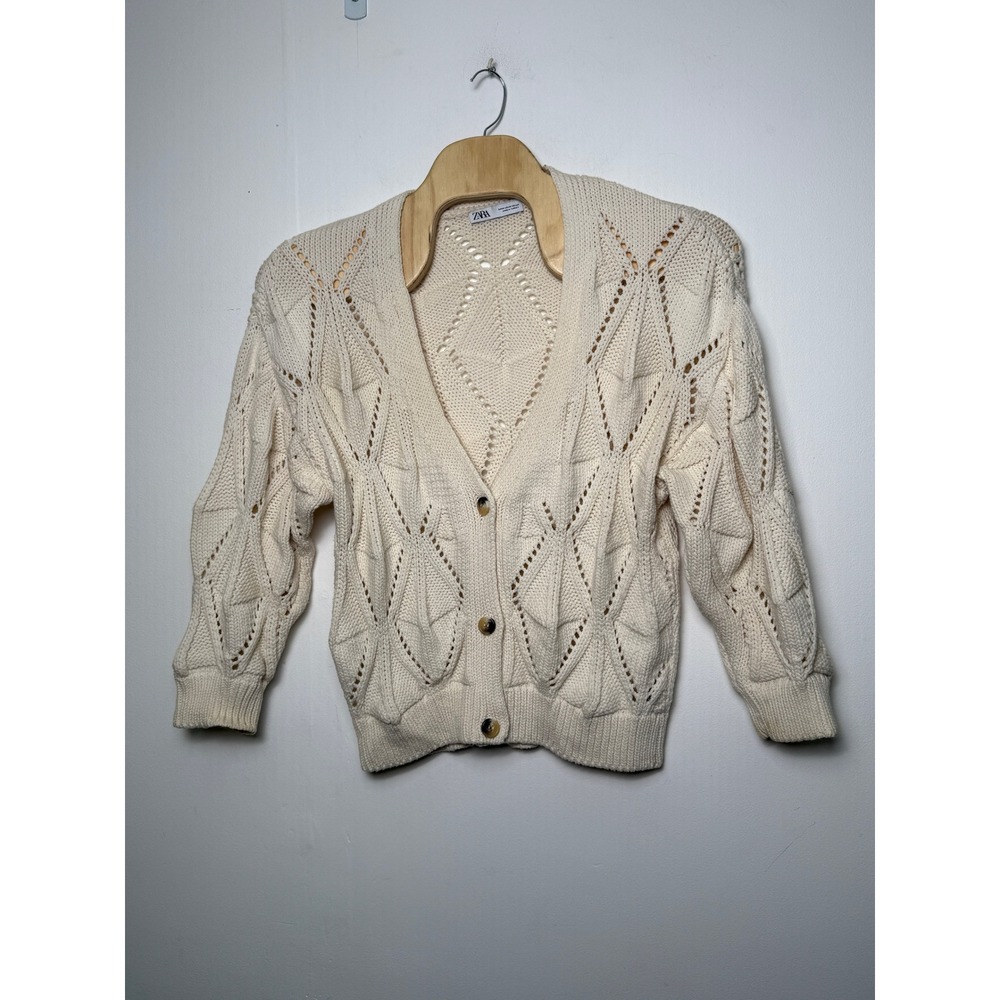 Zara Womens Cream Chunky Knit Button Front Cardigan Sweater Medium